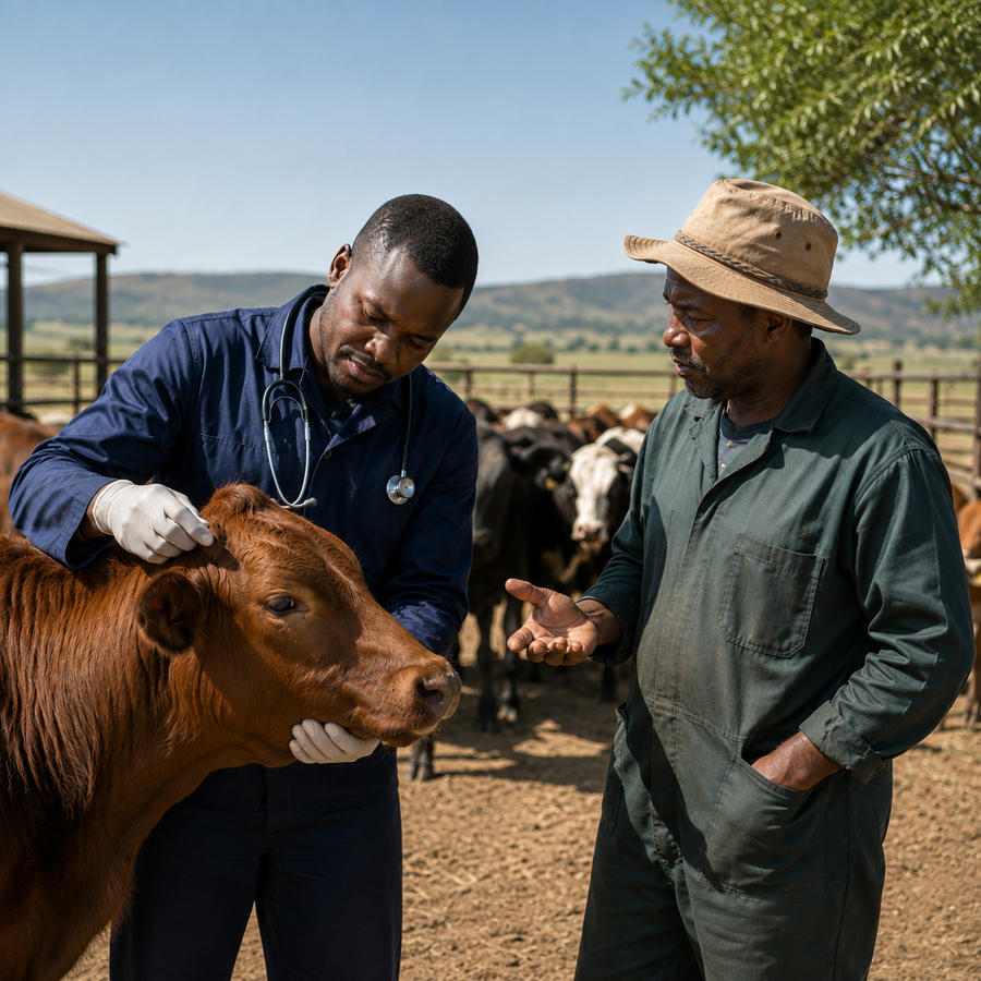 South African veterinarian and farmer examining cattle